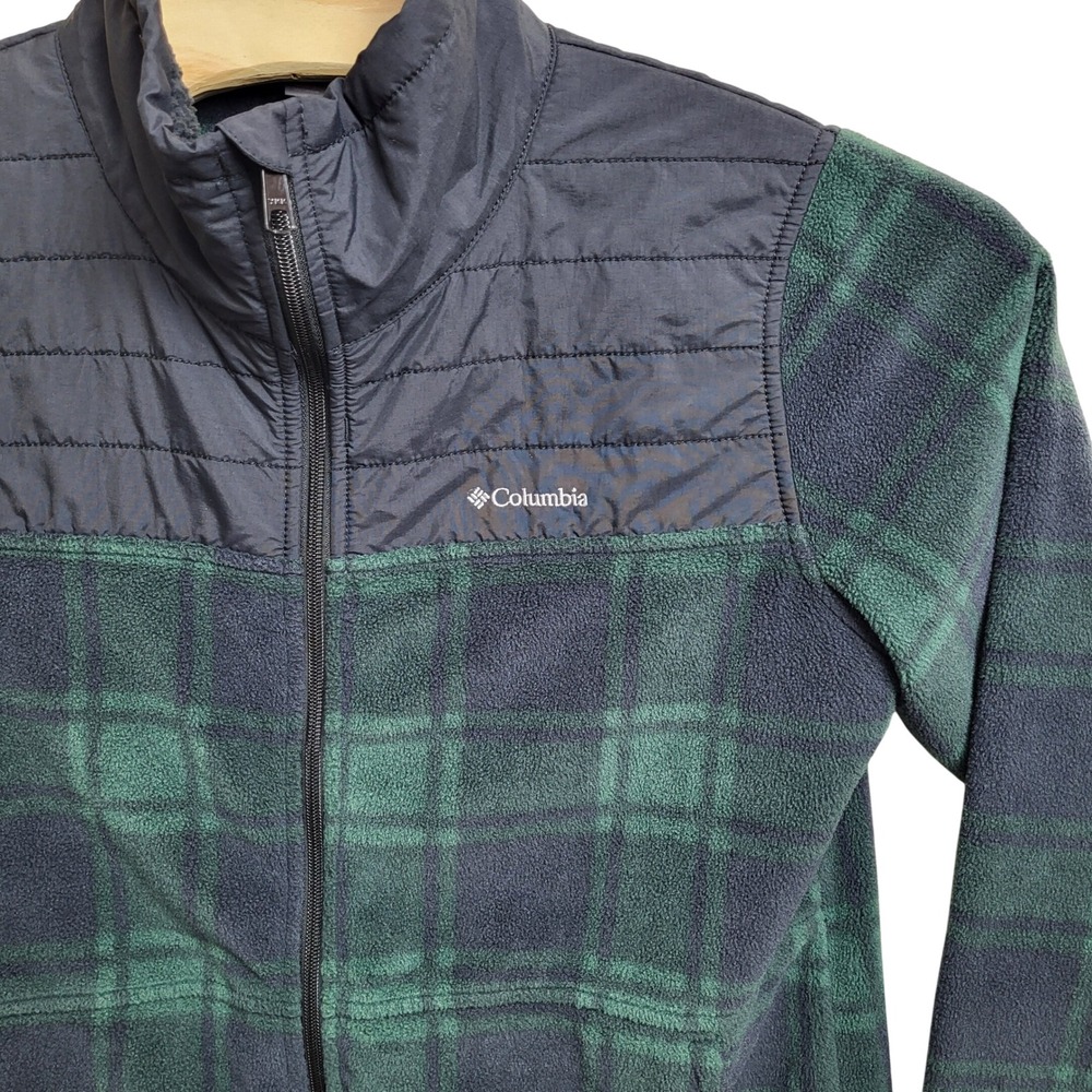 Columbia Fleece Jacket Women Large Plaid Quilted Top Full Zip Navy Green
